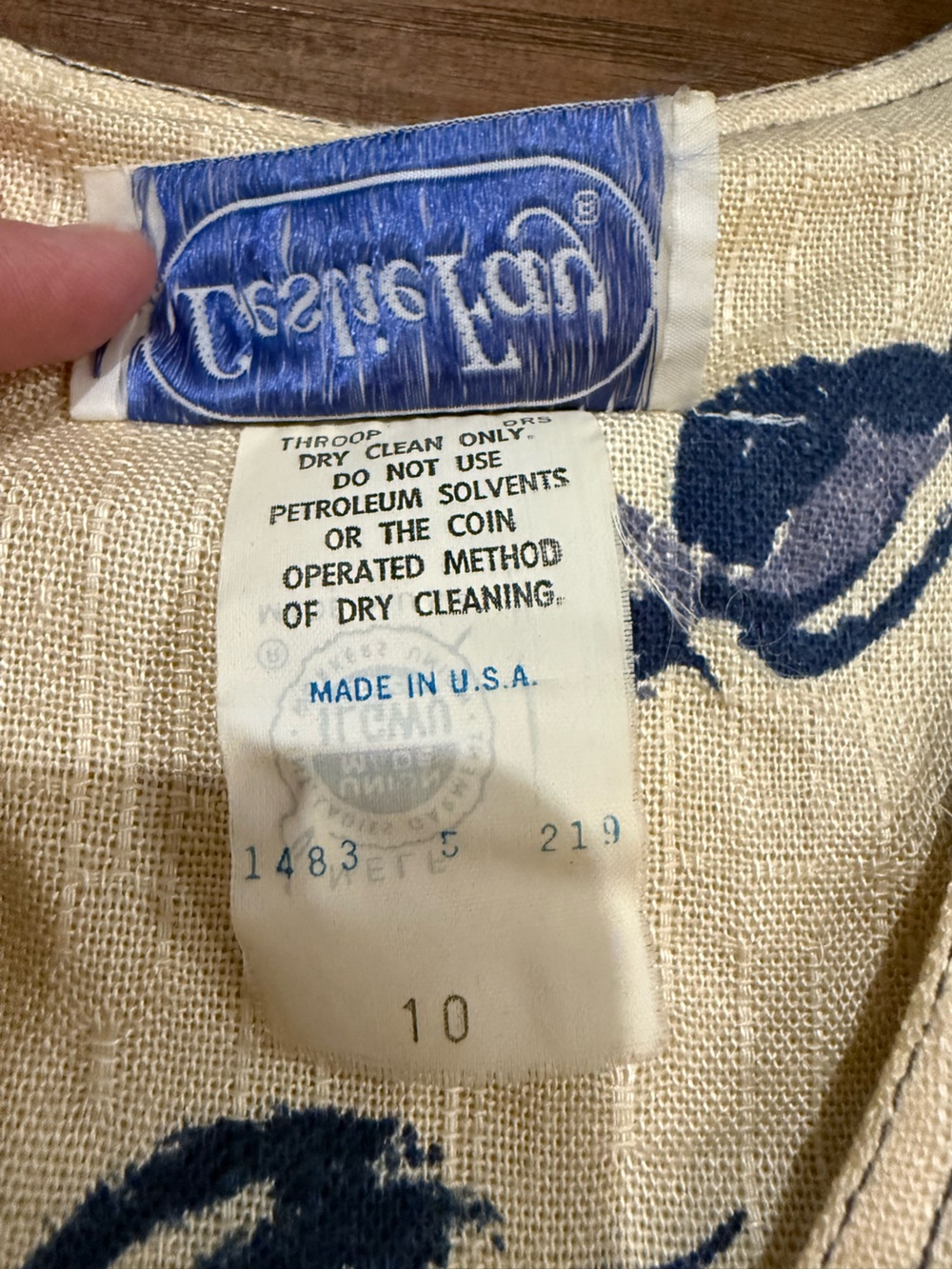 Vintage Leslie Fay Blue Leaf Print Midi Dress W/ Union Tag- Cream & Navy Sz 10 - Picture 6 of 10